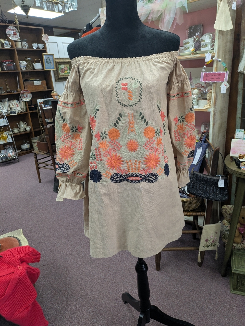 Karlie Boho Embroidered Off-Shoulder Dress in Beige with Embroidery